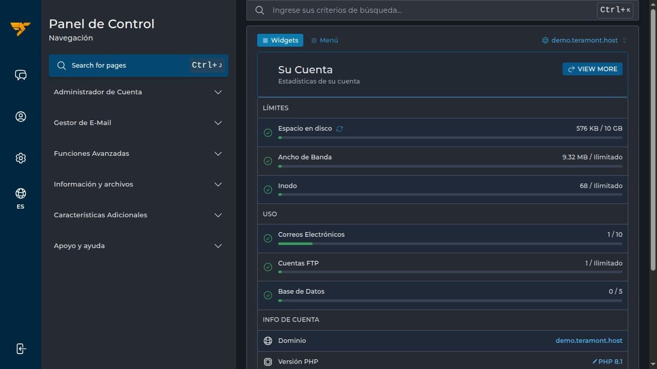 Dashboard real de DirectAdmin para WordPress