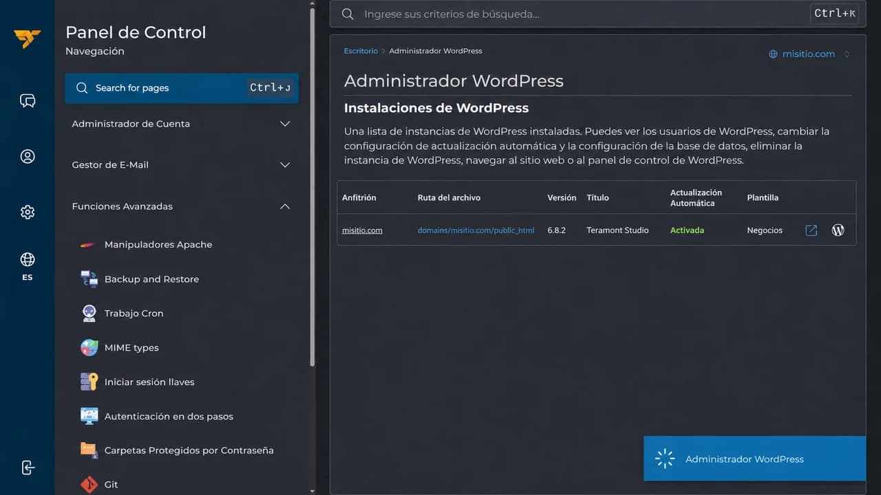 Administrador WordPress real dentro de DirectAdmin