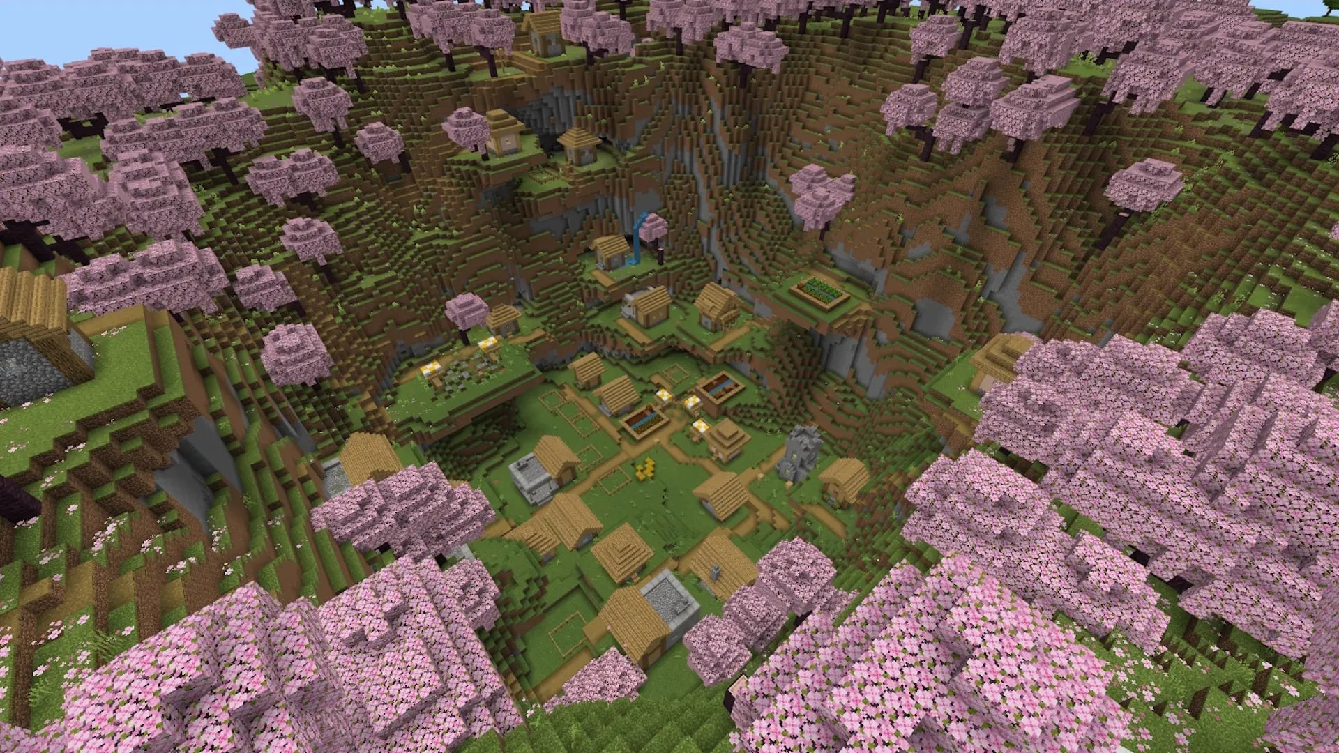 Seed -4197599622191908127 with a village surrounded by cherry groves