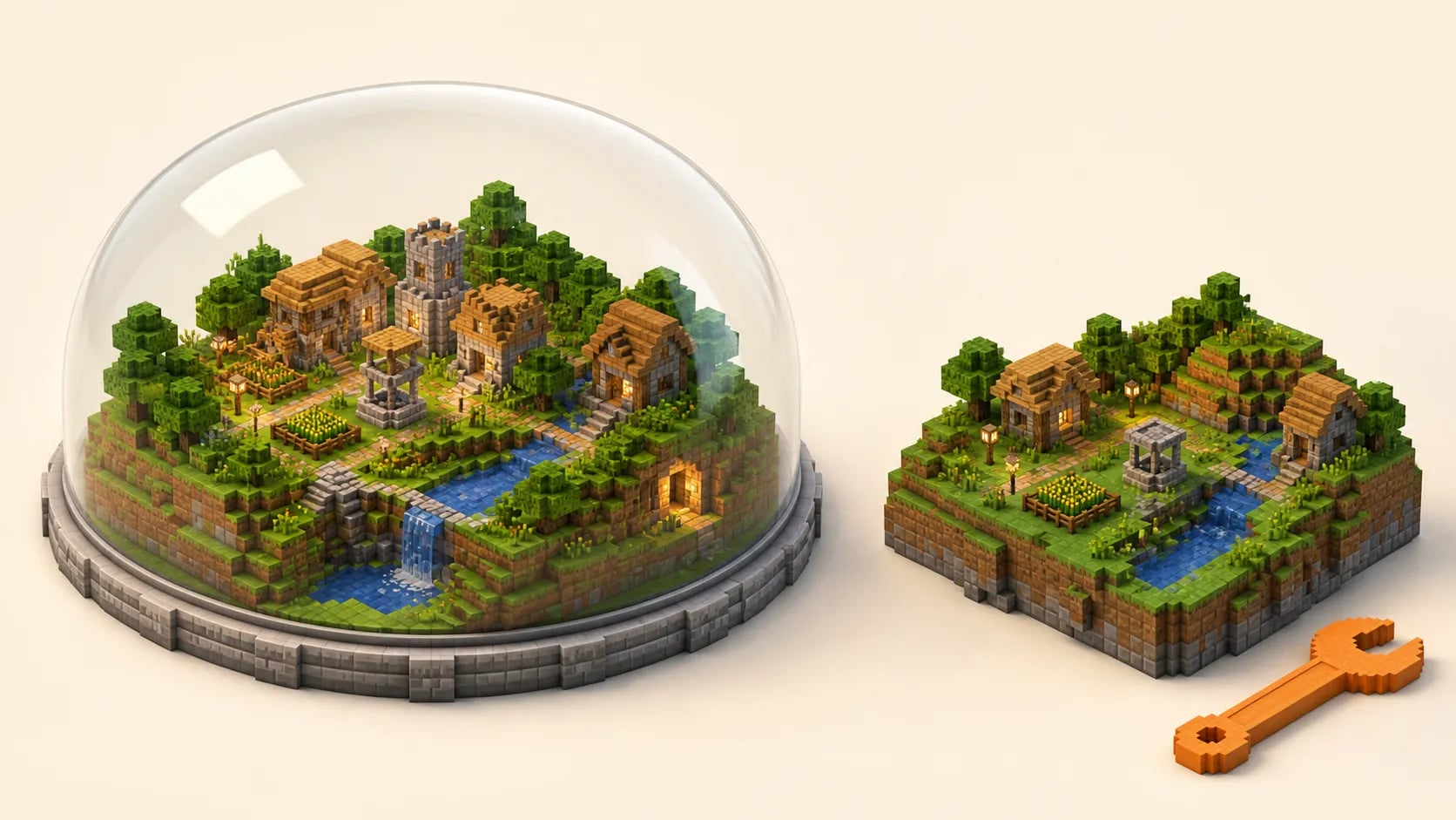 Conceptual illustration of a protected main Minecraft world and a separate testing copy