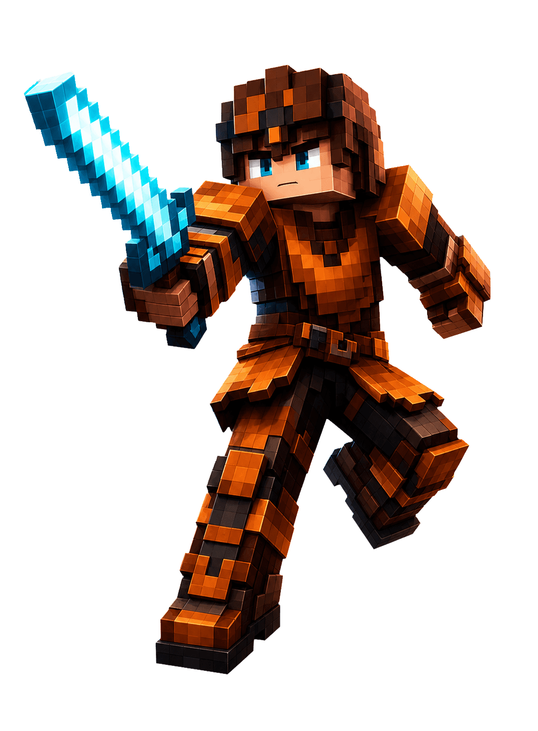 Aventurero de estilo voxel con armadura y espada de cristal