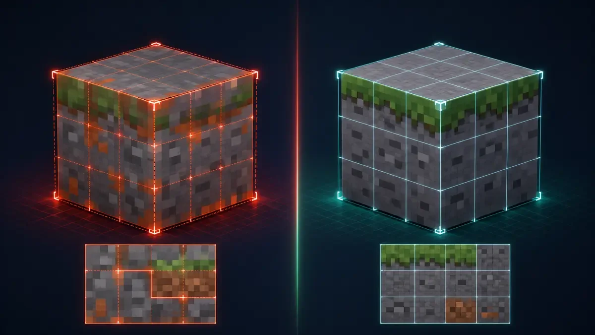 Illustrated comparison between texture bleeding at block edges and a correctly aligned UV texture