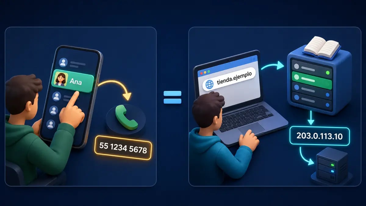Analogía visual entre buscar un contacto por nombre y usar DNS para convertir un dominio en una dirección IP