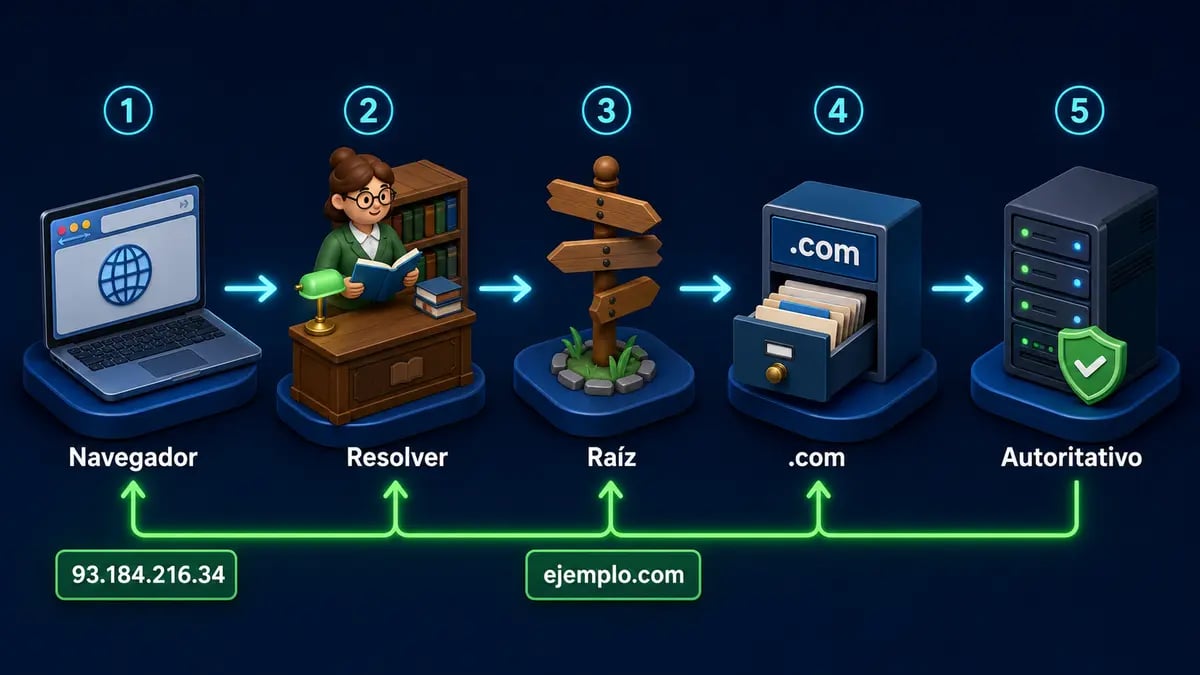 Recorrido ilustrado de una consulta DNS desde el navegador hasta el servidor autoritativo y de vuelta