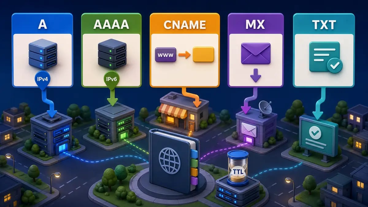 Ilustración educativa de los registros DNS A, AAAA, CNAME, MX, TXT y el tiempo de caché TTL