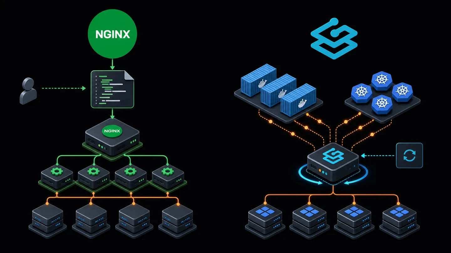 Manual NGINX configuration architecture compared with dynamic service discovery in Traefik