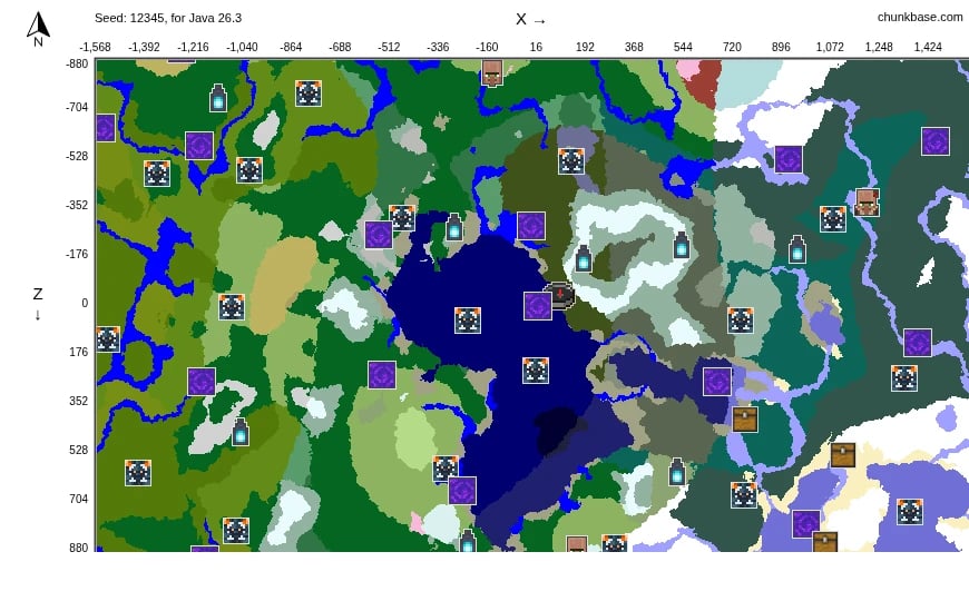 Mapa real de Chunk Base de la semilla 12345 en Java 26.3, centrado en X 0 y Z 0