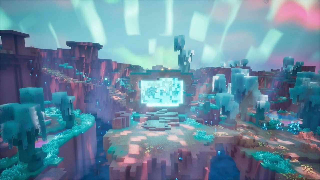 Official Minecraft Dungeons II screenshot of The Sift with a glowing portal and turquoise vegetation