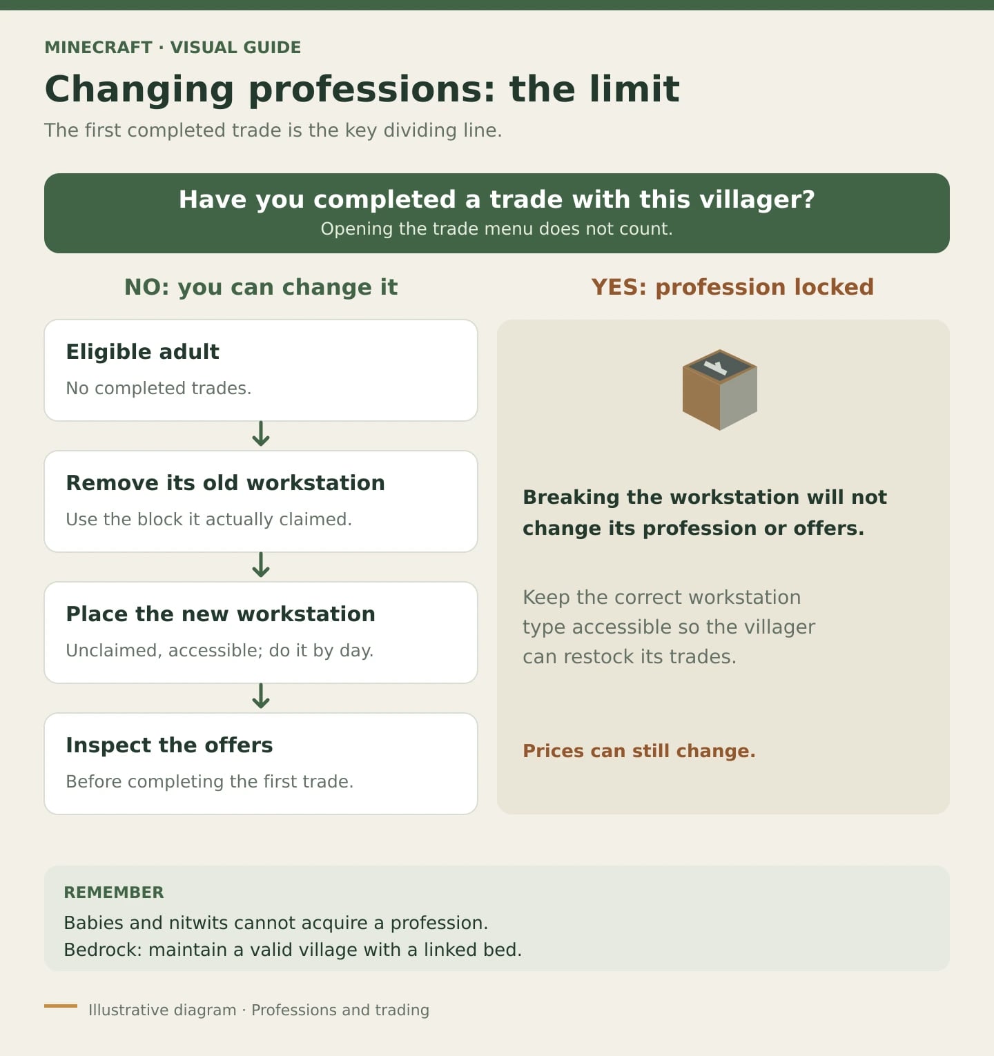Decision diagram showing whether a villager can change professions or has already locked its job