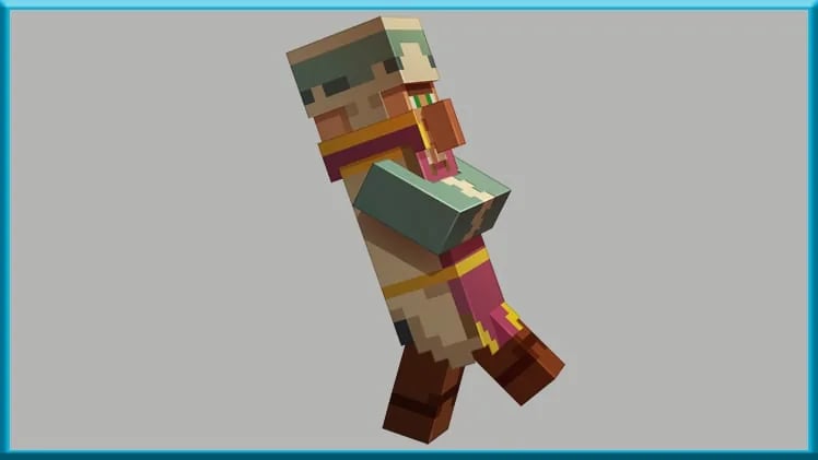 Aldeano clérigo de Minecraft con detalles morados y dorados en la túnica