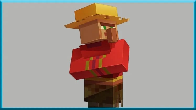 Aldeano granjero de Minecraft con sombrero de paja y ropa roja