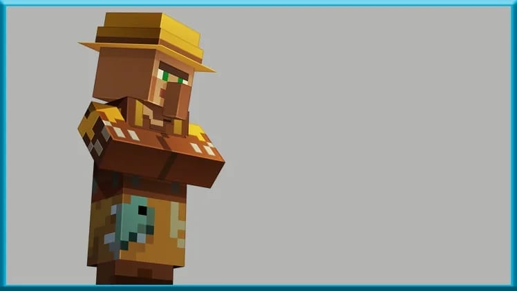 Aldeano pescador de Minecraft con sombrero y un pez en el delantal