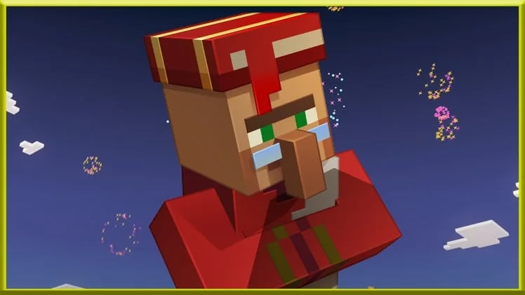 Aldeano bibliotecario de Minecraft con gafas y un libro rojo sobre la cabeza