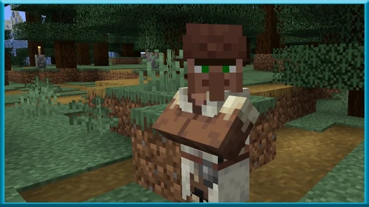 Aldeano pastor de Minecraft con gorro marrón en una aldea