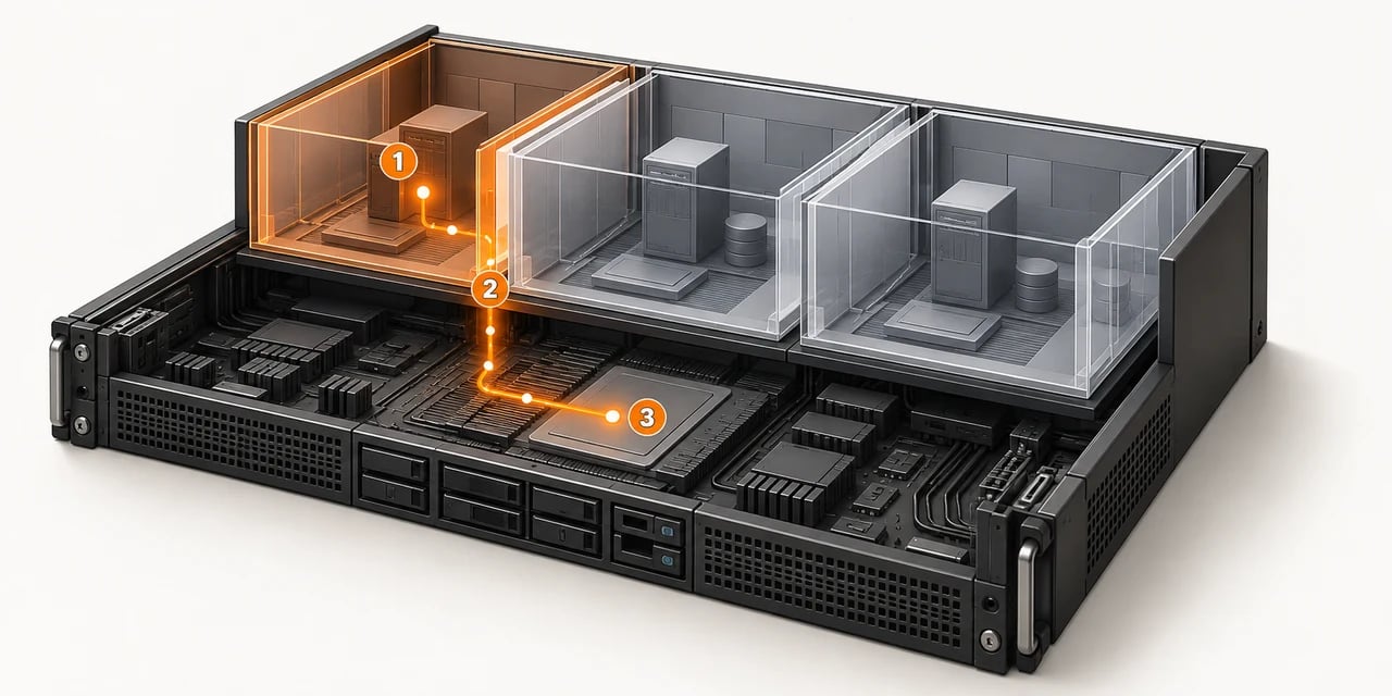 Concept illustration: virtual machine 1 crosses isolation boundary 2 to reach shared host 3